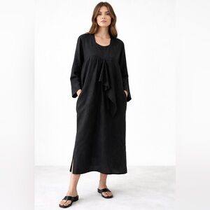 Vintage Mizono Linen Maxi Dress Art to Wear Pockets Slits Long Sleeve Black OS